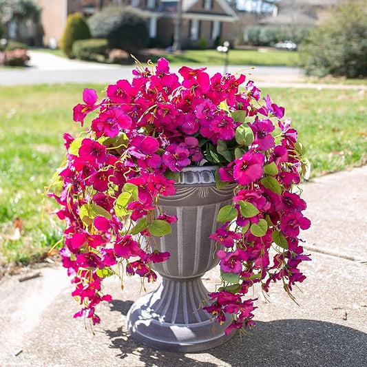 Fake Hibiscus Artificial Hanging Flowers Plants for Outdoors Spring Decoration, 4pcs Silk Hibiscus Vines Realistic UV Resistant Faux Flowers for Outside Planter Porch Patio Yard Wedding Party, Fuchsia