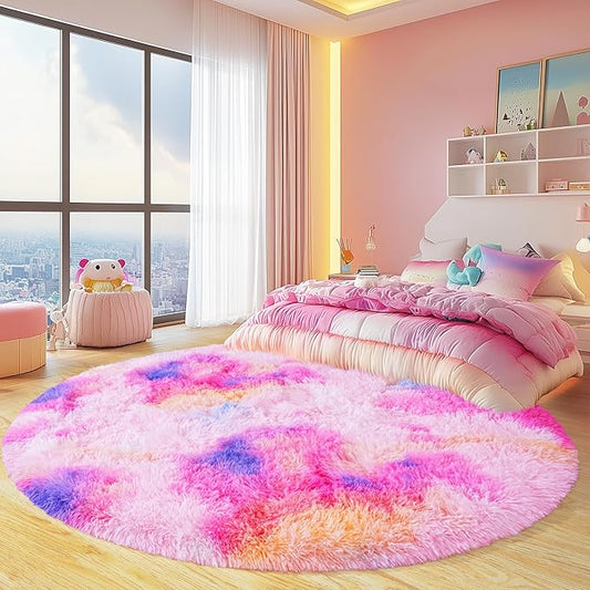 Round Fluffy Rugs 4Ft for Girls Bedroom, Dark Rainbow Shag Circle Kids Rug Non-Slip for Bedside Dorm Nursery Playroom, Soft Cute Area Rugs for Living Room Decor