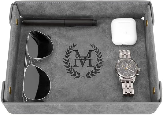 Engraved Leather Valet Tray for Men – Personalized Catchall with Custom Name for Desk, Dresser, Nightstand – Men's Organizer Tray for Keys, Wallet, Jewelry, Personalized Gift for Home, Office - Grey