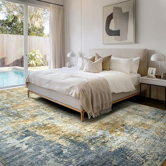 Area Rug Living Room Rugs - 9x12 Modern Abstract Soft Indoor Neutral Washable Rug Stain Resistant Non-Slip Low Pile Carpet for Bedroom Dining Room Home Office - Blue/Grey/Yellow