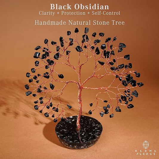 7 Chakra Black Obsidian Crystal Tree of Life Positive Energy & Good Luck, Money, Feng Shui Decor, Home and Office Desk Decoration, Spiritual Gifts for Women, for Dad