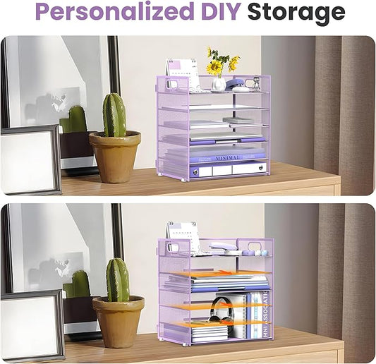 Daltack 6 Tier Paper Organizer for Desk, Paper Letter Tray Organizer for Desks, Mesh Desk File Organizers with Handle for Office, Home, School, Purple