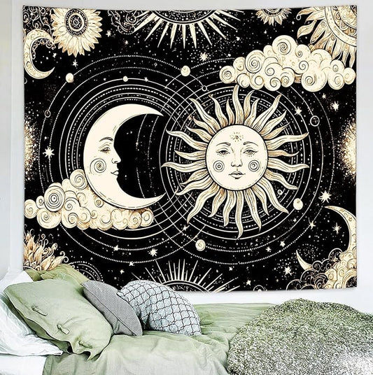 Delur Sun and Moon Tapestry Black Dark Boho Spiritual Burning Sun Tapestry Wall Hanging Mystic Aesthetic Cloud Abstract Star Psychedelic Headboard for Bedroom Living Room Home Decor (51.2" x 59.1")