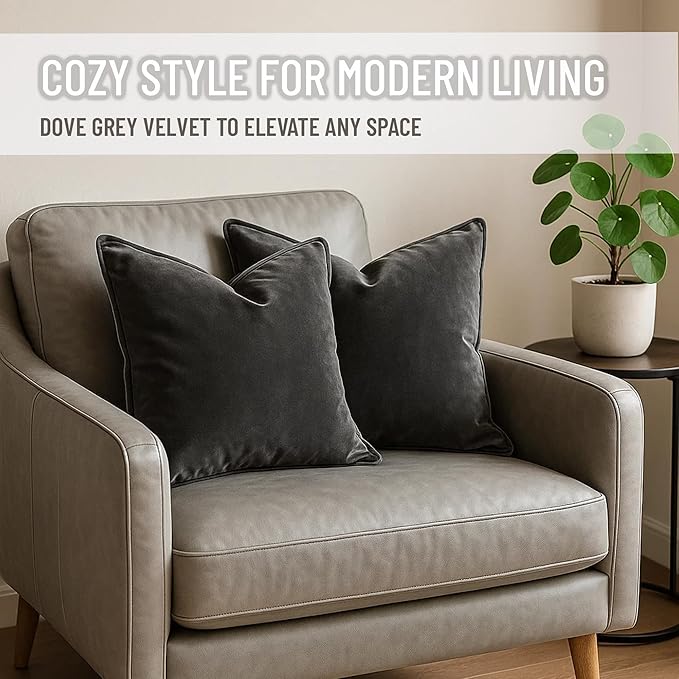 2 Pack Velvet Decorative Throw Pillow Covers, 18"x18", Deep Grey, Solid, Modern, Contrast Piping, Indoor Use, Bedroom & Living Room