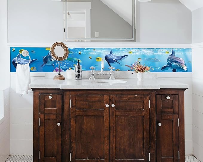 FLFK Peel and Stick Wallpaper Border Wall Decals for Kids Room - Under The Sea Fish Stickers Murals, 9" x 240" (Blue)