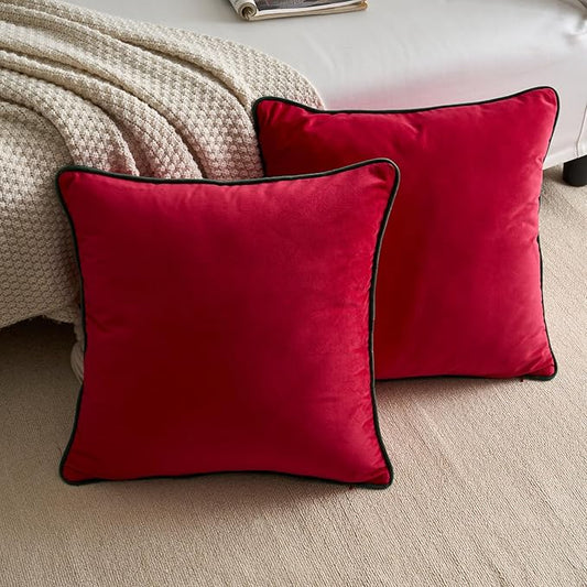 LIGICKY Set of 2 Christmas Red Velvet Throw Pillow Covers Modern Minimalist Style Solid Decorative Dark Green Rope Edging Soft Square Cushion Cases for Sofa Bedroom Party Décor, 20 x 20 inch