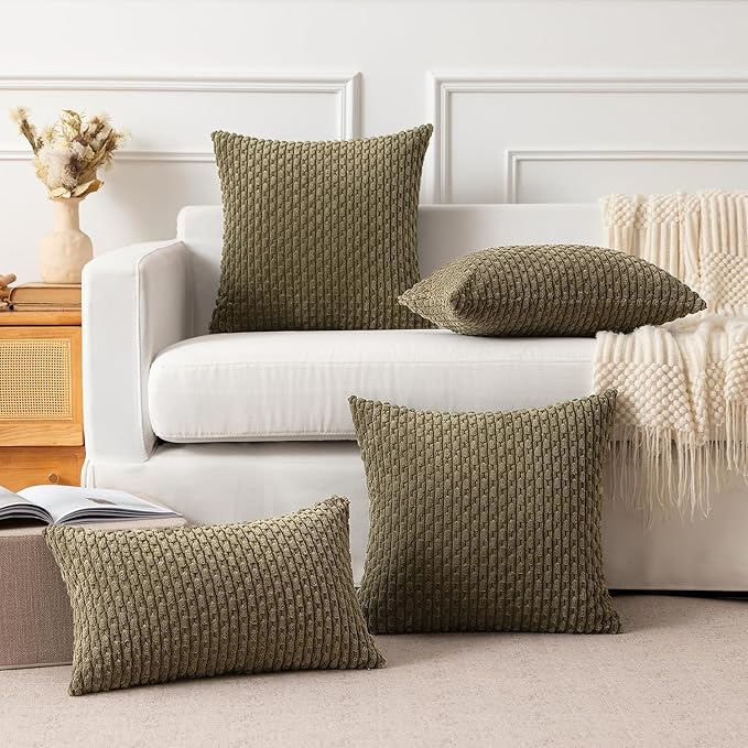 Kevin Textile 2 Packs Olive Green Euro Farmhouse Decorative Throw Pillow Covers 26x26 Inch for Living Room Couch Bed Sofa Rustic Boho Home Decor Soft Striped Corduroy Square Cushion Case 66x66 cm