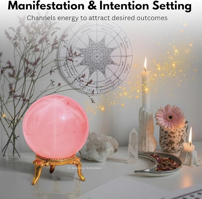 Amazing Gemstone Star Rose Quartz Crystal Ball with Stand - 1.5 Inches Crystal Sphere Meditation Balls for Witchcraft and Decorative Balls