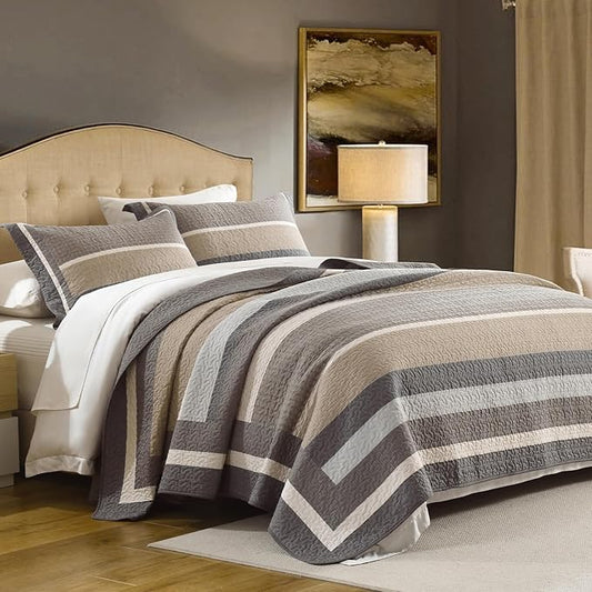 100% Cotton Quilts Queen Size, Queen Quilt Bedding Set Bedspread, Striped Quilt for Queen Bed, 3 Pieces Farmhouse Reversible Lightweight Comforter Bed Spread, Gray/Brown/Beige