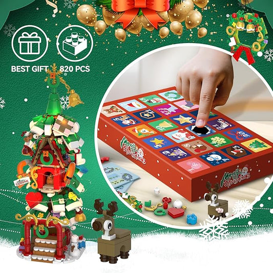 Advent Calendar 2025 Christmas Tree House Building Set with Wreath and Reindeer,ChristmasTree Building Blocks Kit with LED Light,24 Days Christmas Countdown Toys Building Set for Teen Boys Girls Gifts