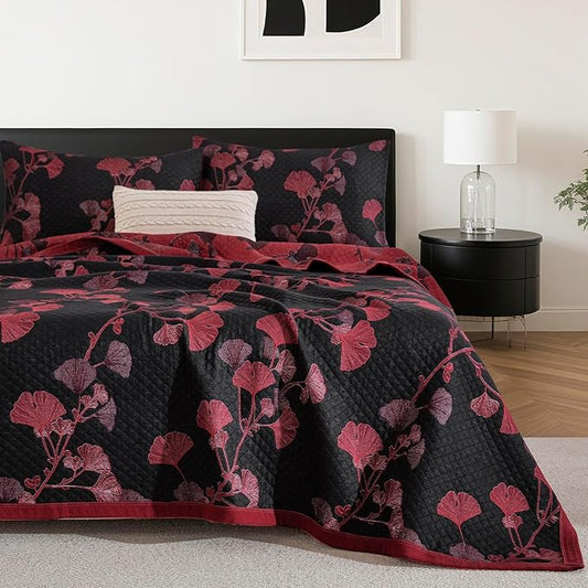 100% Cotton Muslin Jacquard 2 Piece Quilt Set Floral Ginkgo Leaf Print, Soft 3 Layers Gauze Bed Cover Reversible Bedspread Coverlet Breathable Lightweight Bedding Set, Twin