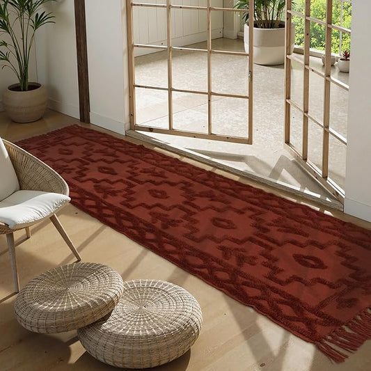 Uphome Boho Runners for Hallways 2.6' x 10', Washable Farmhouse Entryway Runner Rug, Cotton Tufted Bedroom Runner Rugs, Bohemian Tribal Aesthetic Rug for Kitchen Doorway Bathroom, Terracotta
