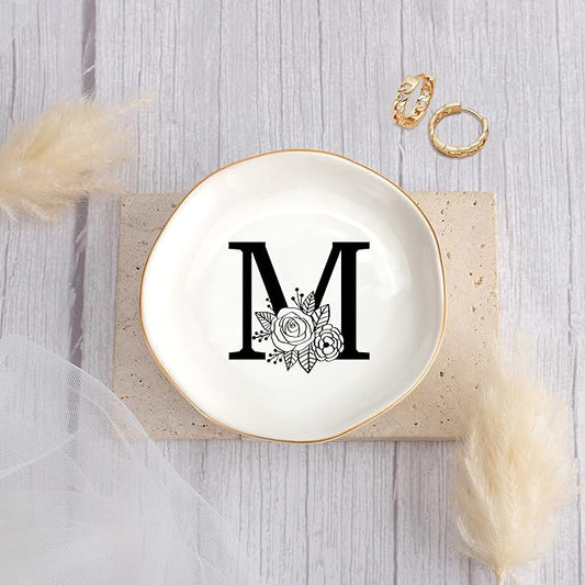 JoycuFF Initial M Ceramic Jewelry Tray, Bridesmaid Bride Gifts, Engagement Birthday Best Friend Mom Grandma Sister Gifts for Women, Trinket Dish for Rings Earrings Necklaces Bracelets Keys