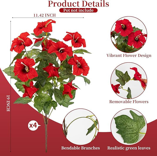 19 Inch Artificial Flowers for Outdoor Indoor Garden Home Decoration,Faux Flower for Home Office Garden Patio Balcony 4 Bundles (Red)