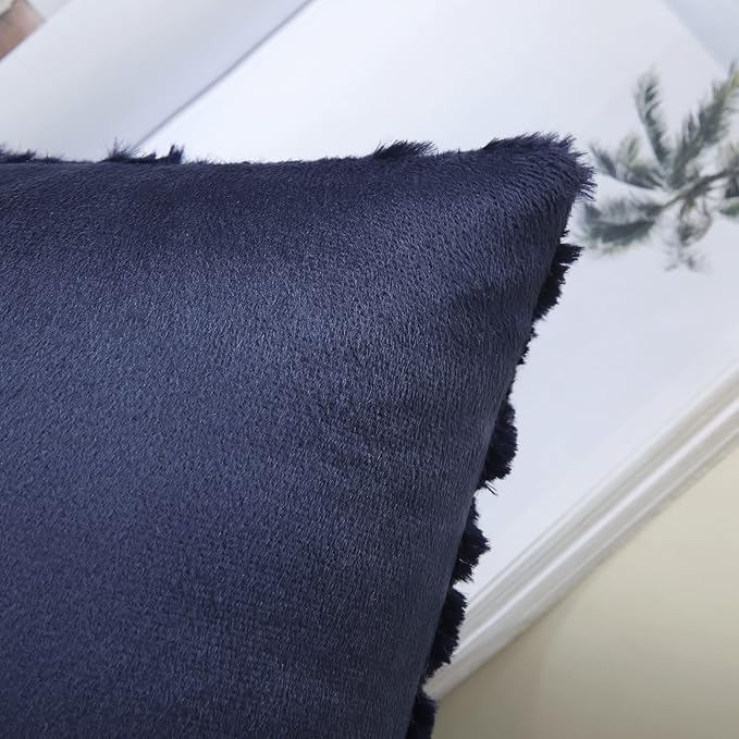 decorUhome Spring Throw Pillow Covers 12x20 Inch Set of 2, Soft Plush Faux Wool Navy Blue Solid Couch Pillow Covers, Accent Farmhouse Neutral Square Pillow Cases for Sofa Bed Living Room