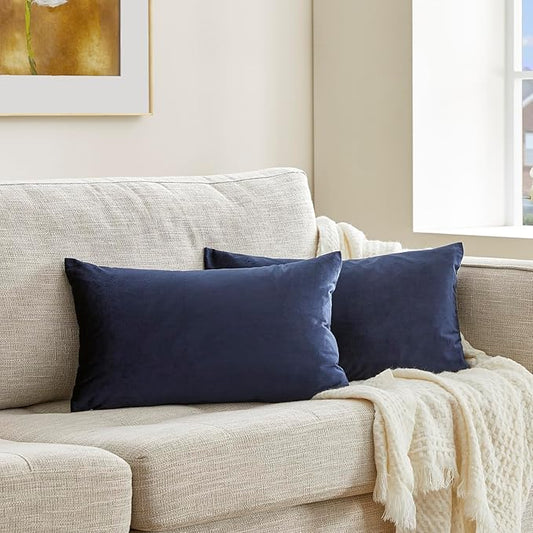 GIGIZAZA Navy Blue Velvet Pillow Covers 12x20,Small Solid Throw Pillow Covers Decorative Modern Pillows Lumabr Vintage Cases Pack of 2