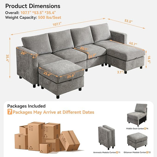 107”Modular Sectional Sofa Convertible U Shaped Sofa Couch Set with Storage for Living Room, Modern 6 Seater Modular Sectional Couch with Movable Ottoman, Chenille(Light Grey)