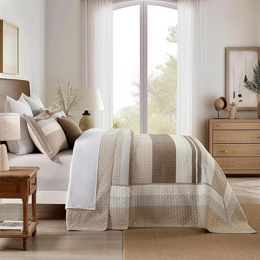 EWlinens 100% Cotton 120"x128" Oversized California King Bedspread, Farmhouse Striped Patchwork Oversized Cal King Quilted Bedspreads Coverlet Set, Extra Large Quilt Bed Spread, 3pcs, Brown/Gray/White