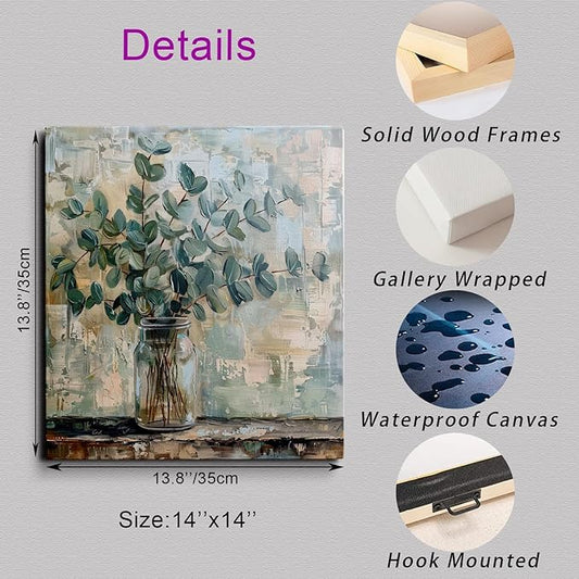 Eucalyptus Botanical Vase Wall Art Canvas Print Abstract Farmhouse Painting Rustic Modern Home Wall Decor for Living Room Bedroom Office Soft Green Leaves Still Life Artwork Canvas 14x14 Inches
