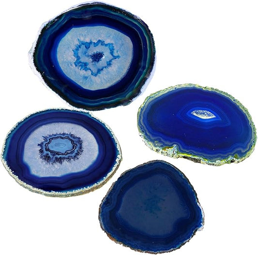 AMOYSTONE Blue Agate Coasters Set of 4, 3.5-4 Inch Polished Gemstone Coasters with Rubber Bumpers, Elegant Wedding Gift for Couples, Home Bar Decor
