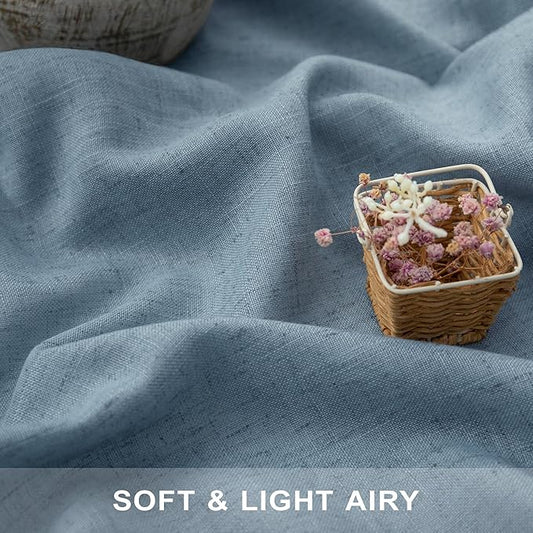 Pitalk Stone Blue Linen Blend Sheer Curtains Back Tab 52 Width by 90 Length Set of 2 Panels Rod Pocket Drapes for Living Room Family Sitting Room Sunroom Cottage Core Decor Blue Curtains for Boys Room