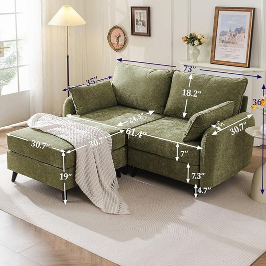 73'' Loveseat Sofa with Seats Storage, Modular Sectional Sofa with Movable Ottoman,Oversized Comfy Couches with Deep Seat,7.8'' Cushion,Couch for Living Room,Bedroom,Chenille,Green