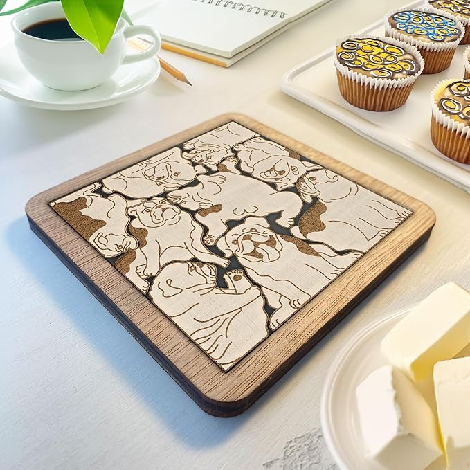 02 English Bulldog Dog Coaster - English Bulldog Dog Puzzle Wooden Coaster Set - Interlocking Jigsaw Drink Mats with Laser-Cut Design
