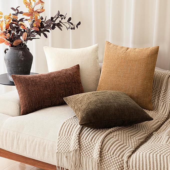 Foindtower Set of 2 Soft Textured Chenille Throw Decorative Pillow Covers Square Accent Solid Cushion Cover Neutral Farmhouse Pillow Case for Couch Sofa Bedroom Living Room 22x22 Inch,Golden Brown