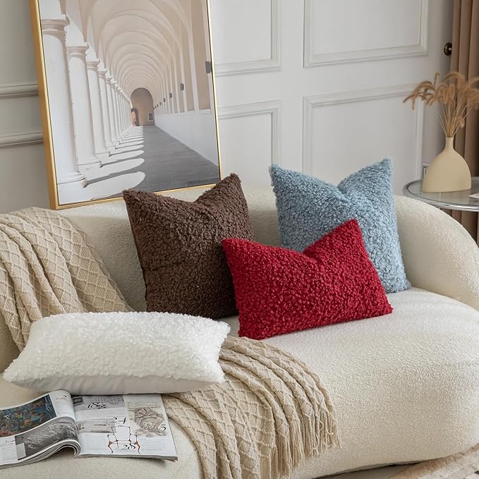 Yaertun Pack of 2 Faux Fur Throw Pillow Covers Decorative Sherpa Boucle Pillow Covers Fuzzy Soft Pillowcases Sheepskin Fleece Cushion Case for Couch Sofa Bed Living Room 18x18 Inch Burgundy