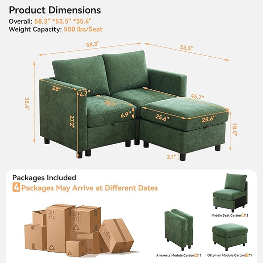 58”Modular Sectional Loveseat Sofa with Storage, Comfy Office L Shaped Sofa Couch, Chenille Love Seat Modular Sectional Couch with Movable Ottoman for Living Room, Bedroom, Dark Green