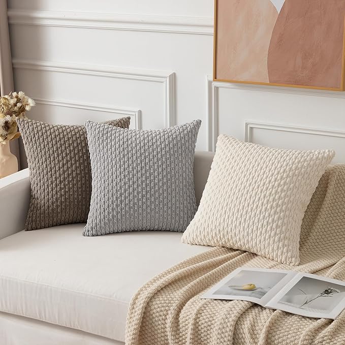 Kevin Textile Decorative Throw Pillow Covers Corduroy Square Boho Cushion Cover with Stripes Cases for Bedroom Sofa Living Room Couch Set of 2 18x18 Inch Light Grey