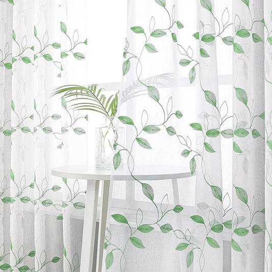 Tollpiz Green Leaf Sheer Curtain Leaves Embroidered Bedroom Short Curtains Rod Pocket Voile Window Treatments for Living Room, 38 x 45 inches Long, Set of 2 Panels
