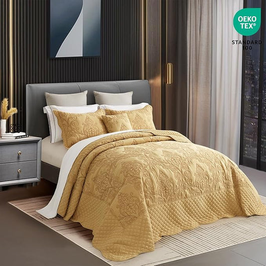 CHIXIN Oversized King Bedspread 128x120 Extra Wide - Lightweight Bedding Cover - Beautiful Stitching - 5 Piece Reversible Bedspread - Luxury Damask Paisley Pattern (King/Cal King, Honey-Gold)