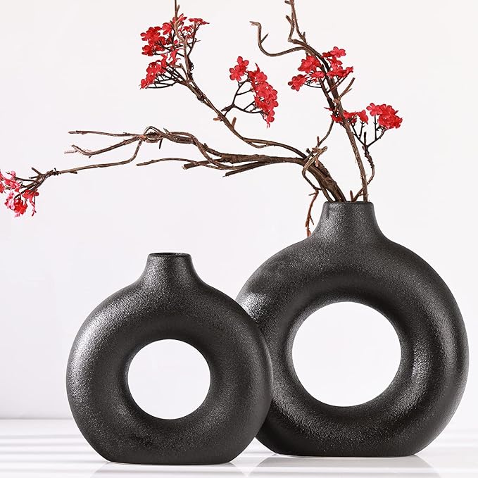Black Vase Decor Donut Vase Set of 2 - Circle Hollow Vases, Modern Matte Ceramic Vases for Entryway Living Room Bedroom Dining Table Centerpiece Office Home Decor