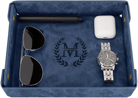 Engraved Leather Valet Tray for Men – Personalized Catchall with Custom Name for Desk, Dresser, Nightstand – Men's Organizer Tray for Keys, Wallet, Jewelry, Personalized Gift for Home, Office - Blue