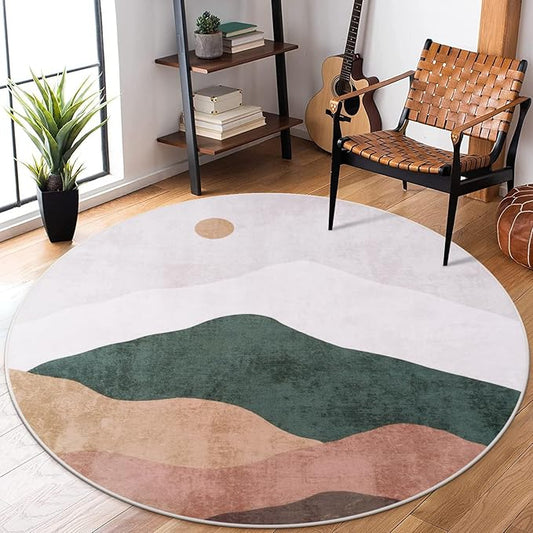 5ft Abstract Round Rug,Chic Washable Non-Slip Sun and Mountain Area Circle Rug,Soft Low-Pile Circle Throw Rugs for Living Room Sofa Kids Room Decor(Grey)