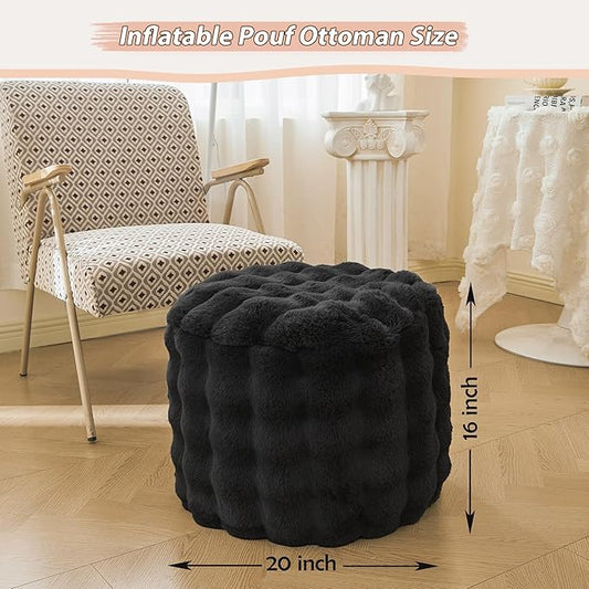 LIFEREVO Luxury Faux Rabbit Fur Round Inflatable Pouf Ottoman, 20 X 16 Fluffy Waffle Bubble Floor Poufs Foot Stool Rest Living Room Bedroom, Furry Pouf Ottoman Chair Seat Home Decor, Anti-Slip, Black