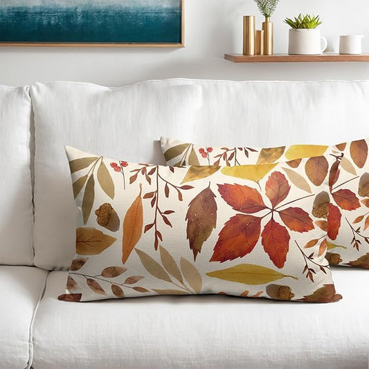 Fall Leaf Lumbar Pillow Covers 12x20 Set of 2 Brown Beige Maple Leaves Autumn Harvest Throw Pillow Cases Zipper Outdoor Decorative Cushion Cover Rustic Decoration Farmhouse Home Sofa Couch Bed Decor