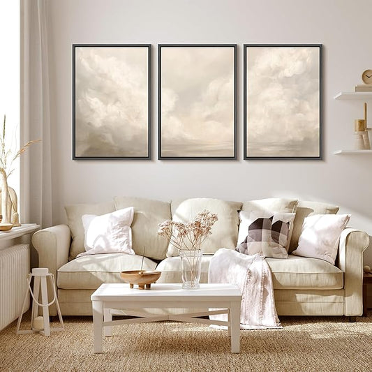 MUDECOR Framed Wall Art Print Set Neutral Cloudscape Soft Beige Abstract Sky Illustrations Modern Art Boho Decorative Colorful Chic for Living Room, Bedroom, Office - 16"x24"x3 Black
