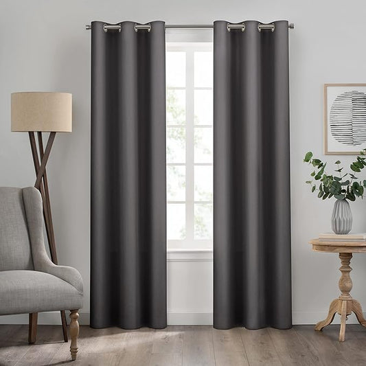 Eclipse Kendall Solid Textured Blackout Thermal Insulated Lining Grommet Window Curtain for Bedroom (1 Panel), 42 in x 63 in, Charcoal