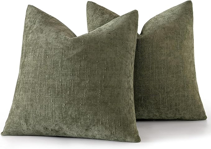 MIULEE Pack of 2 Decorative Throw Pillow Covers Soft Chenille Christmas Throw Pillows Solid Textured Cushion Covers for Spring Couch Sofa Bedroom Living Room 20x20 Inch, Olive Green