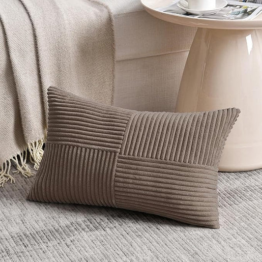 Fancy Homi Set of 2, Light Brown Patchwork Corduroy Decorative Soft Striped Modern Accent Cushion Case Farmhouse Boho Neutral Throw Pillow Covers for Chair Couch Bed Sofa Living Room 32x16 Inch