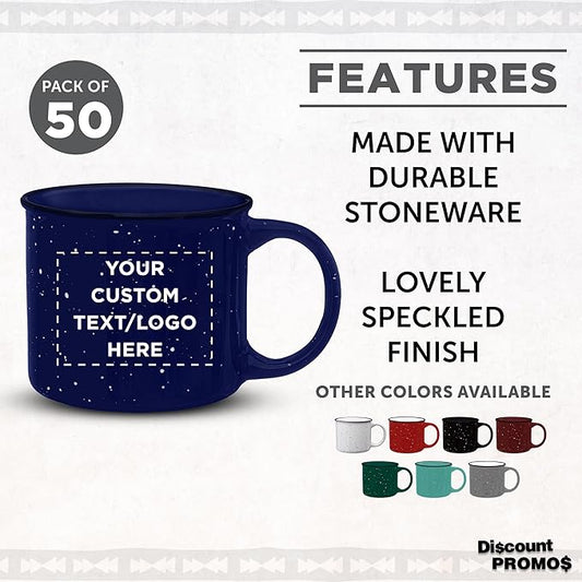 DISCOUNT PROMOS Custom Ceramic Campfire Coffee Mugs 13 oz. Set of 50, Personalized Bulk Pack - Perfect for Tea, Espresso, Cappuccino, Hot Cocoa - Blue