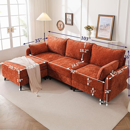 104'' Modular Sectional Sofa with Seats Storage,Oversized L Shaped Couch with Deep Seat,3-Seater Comfy Cloud Couches for Living Room, Movable Ottoman,Chenille,Orange