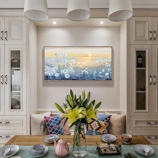 Framed Wall Art for Living Room Blue Ocean Beach Sunset Seascape Painting Abstract Coastal Flowers Canvas Print Seaside White Wildflowers Picture Sunrise Yellow Orange Sky Nature Landscape 24x48inch
