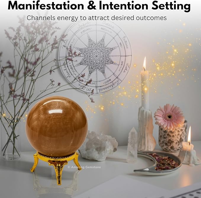 Amazing Gemstone Peach Moonstone Crystal Ball with Stand - 1.5 Inches Crystal Sphere Meditation Balls for Witchcraft and Decorative Balls