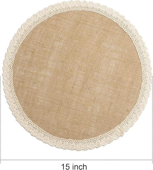 FunWheat Burlap Round Braided Placemats Set of 12 for Dining Tables 15 Inch Heat Resistant Jute Table Mats Farmhouse Woven Fabric Natural Place mats for Fall Decoration(Cotton Lace)