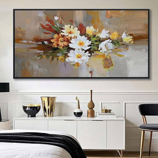 Yellow Floral Wall Art - Large Abstract Wall Art Canvas for Bedroom and Living Room - Framed Pictures for Living Room Wall Decor - Modern Artwork for Bedroom Above Bed 29×58IN