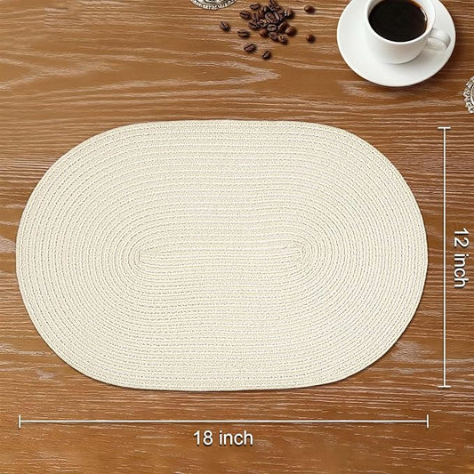 Noctiflorous Oval Braided Placemats Set of 4 Woven 12x18 Inch Non Slip Washable Heat Resistant Place Mats Round Tablemats for Dining Kitchen Party Daily Table Decor Dinner Mats (Solid Beige White, 4)