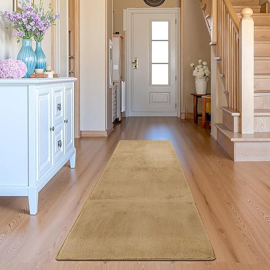 jinchan Solid Plush Runner Rug 2x6 Performance Shaggy Washable Hallway Rug Soft Modern Faux Wool Cozy Non Slip Carpet for Bedroom Laundry Room Living Room Kids Nursery Tan